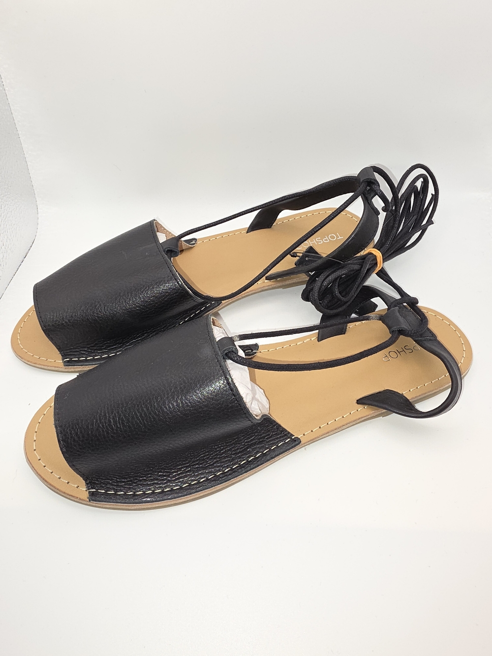 Topshop Black Leather Lace-Up Flat Sandals
